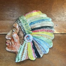 Vintage Painted Chalkware Chief Head w Colorful Feathers Southwest Wall Plaque   - £11.90 GBP