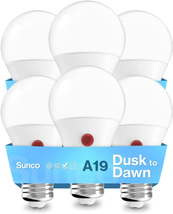 Sunco Lighting 6 Pack A19 LED Bulb with Dusk-To-Dawn, 9W=60W 3000K Warm White Au - $26.96