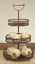 Three Tier Wire Basket Stand Display Wooden Handle Rustic Country Home Decor - £38.39 GBP