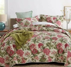 3pc. Blossom Lovely Pink Floral  100% Quilted Cotton Bedspread Coverlet Set - £166.18 GBP