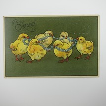 Easter Postcard Six Yellow Chicks Blue Flower Garland Wreath Embossed Antique - £7.98 GBP