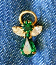 Elegant Gold-tone Crystal &amp; Green Rhinestone Christmas Angel Pin 1970s vintage - £10.14 GBP