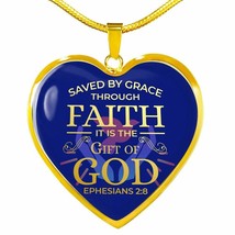 Saved By Grace Ephesians 2:8 Blue Necklace Stainless Steel or 18k Gold H... - $37.95+