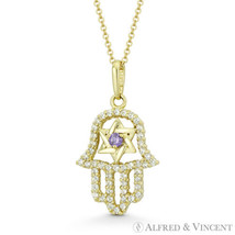 Hamsa Hand Star of David Simulated Amethyst CZ Crystal &amp; 14k Yellow Gold Pendant - £87.50 GBP+