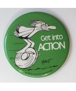 1973 Jonny Hart B.C. comic GET INTO ACTION 2.25&quot; Button Pin Component - £15.73 GBP