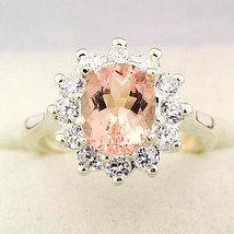 3Ct Simulated Morganite &amp; Diamond Flower Cluster Engagement Ring 925 Silver - £227.73 GBP