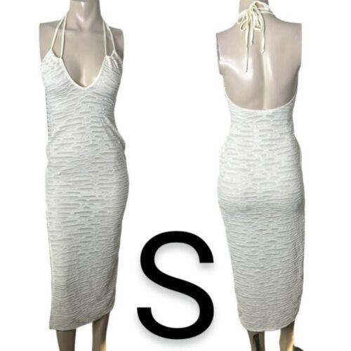 Primary image for White Mesh Distressed Textured Double Halter Ties Side Slit Maxi Dress~Size S