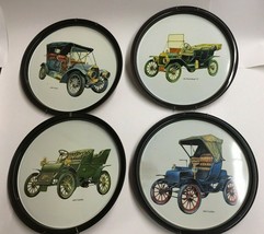 Vintage Antique Car Automobile Tin Serving Trays w/ wall plate hangers 11&quot; Metal - £14.58 GBP