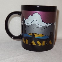 Alaska Coffee Mug 9 oz Cup Ceramic Mountains Lake Trees Black Gold Purple Blue - £16.81 GBP