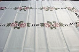 FANCO tablecloth 60x90 painted and stiched red roses and green CREAM, ne... - £39.08 GBP