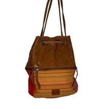 The Sak Camino Backpack Orange Striped Fabric Cognac Brown Leather Drawstring - £18.95 GBP