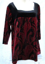 Notations Woman Size 2X Red and Black Iridescent Velvet Paisley Top 3/4 Sleeve - £16.44 GBP