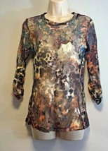 I Amore Couture Womens Sz M Toule Bling Sheer Shirt Top 3/4 gathered sle... - $12.38