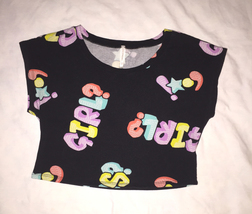 Mezzanine black crop cropped top sz M bright colors GIRL pattern SO CUTE - $4.00