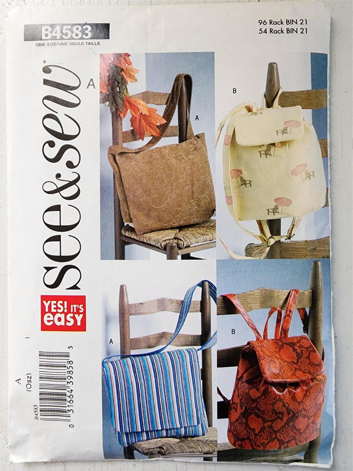 Butterick See and Sew B4583 Utility Bags, Messenger Bag/Backpack  - $20.43