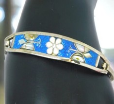 Vintage Alpaca Bracelet Signed Floral Abalone MOP Chips Blue Enamel Small Wrist - £11.22 GBP