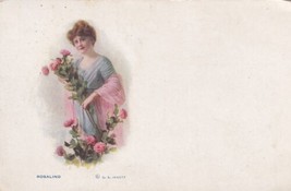 Rosalind Postcard Lady Blue Dress Pink Shawl Flowers - $2.99