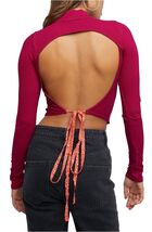 Free People Edge Of Town Open Back Tie Mock Turtleneck Cropped Top Shirt XS - €33,48 EUR