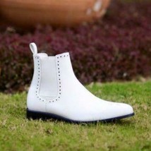 Handmade Men White leather Chelsea boots, Men white brogue Chelsea boots - £126.52 GBP+