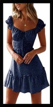 YOBECHO Navy Blue Ruffle Sleeve Sweetheart Neckline Summer Dress Women&#39;s... - $24.74