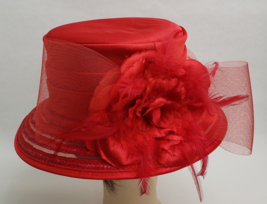 Women&#39;s Hat Church Wedding Easter Kentucky Derby Bow Flower Red Size 22.25&quot; - £39.07 GBP