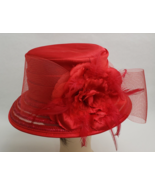 Women&#39;s Hat Church Wedding Easter Kentucky Derby Bow Flower Red Size 22.25&quot; - £36.96 GBP