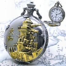 Pocket Watch for Men Silver Color Japan Battleship Yamato Design with Ch... - $21.49
