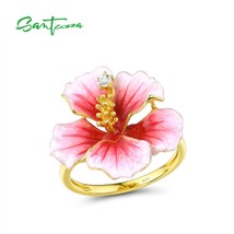 Silver Rings For Women Pure 925 Sterling Silver Gold Color Delicate Pink Bloomin - £36.27 GBP