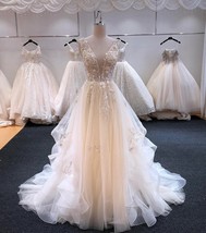 Beautiful Dress Gorgeous Appliques Court Train A-Line V-neck Wedding Dresses Lux - £388.47 GBP