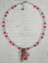 Gingerbread Man Necklace Holiday Glass Pearl Crystal Handmade Red White New - $15.83