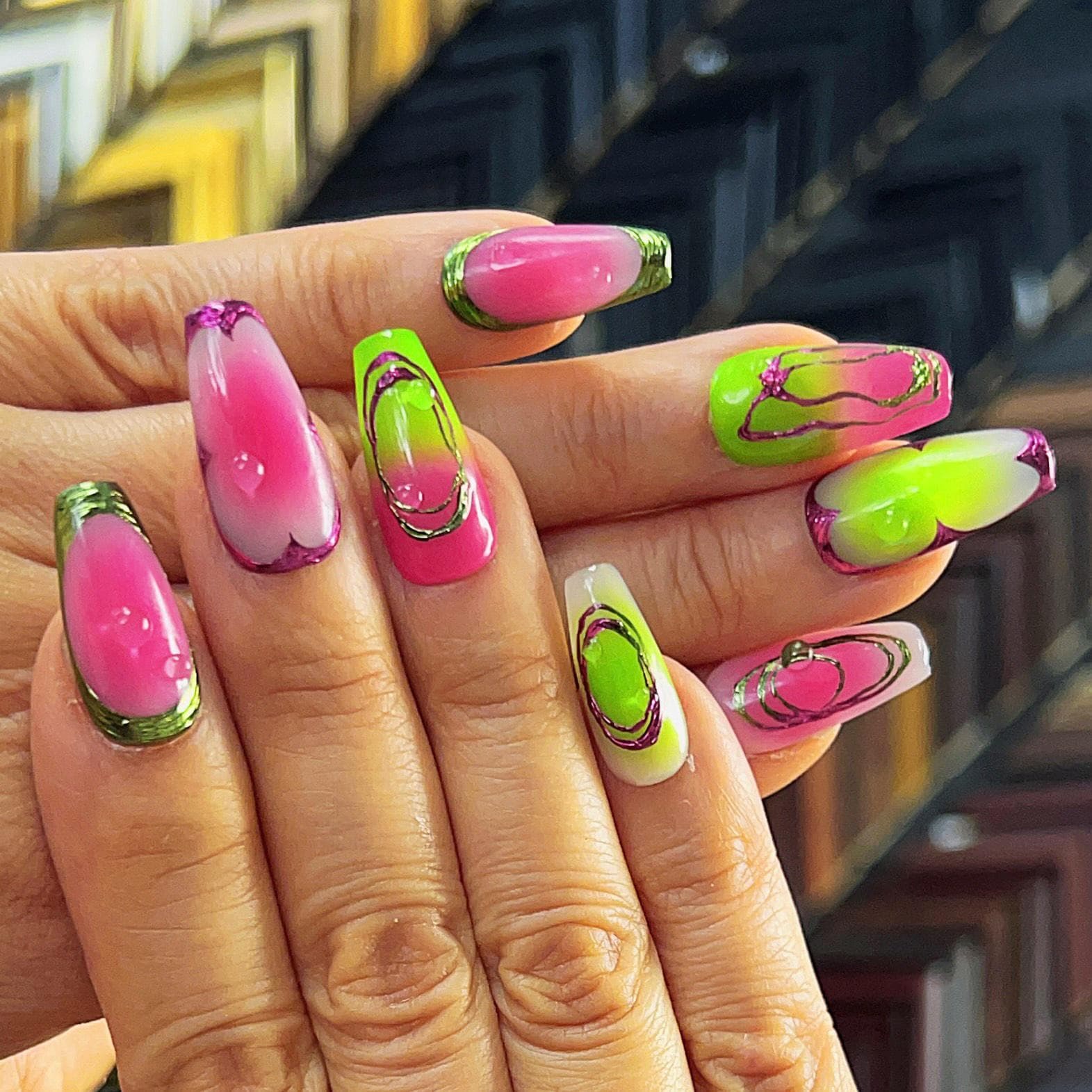 Neon Green &amp; Pink Aura Nails with Chrome Outline and 3D Accents press on... - $19.99