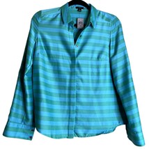 NEW Ann Taylor Blue Green Alpine Stripe Long Sleeve Button Down Camp Shirt Sz 4P - £23.86 GBP