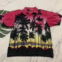 Mens Vintage Hawaiian Aloha Shirt Size M Pink Black Palms Bahamas Tropical Tiki - £19.34 GBP
