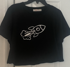 Romwe Womens Black Cotton Cropped T-Shirt Size S Round Neck with Rocket ... - $5.87