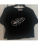 Romwe Womens Black Cotton Cropped T-Shirt Size S Round Neck with Rocket ... - $5.47 CAD