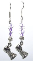 Earring Pair Metal Wine Glass Charm Clear Beads Sterling Wire 1 1/2 &quot; - £6.31 GBP