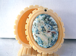 Vintage Celluloid Ivory Ring Trinket Box Romantic Scene Decal Oval Carved Box  - £15.95 GBP