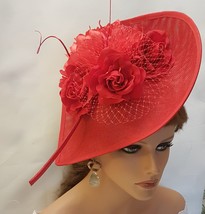 RED FASCINATOR, Large Teardrop hat fascinator Mother of bride Hatinator Womens f - £42.87 GBP