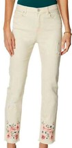 DG2 Diane Gilman Cream Floral Embellished Frayed Ankle Denim Jeans Size ... - $58.50