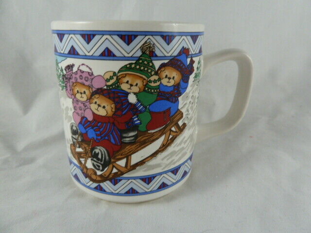 Primary image for Lucy & Me 1990 Enesco Coffee Mug Christmas Bears on Sled in snow