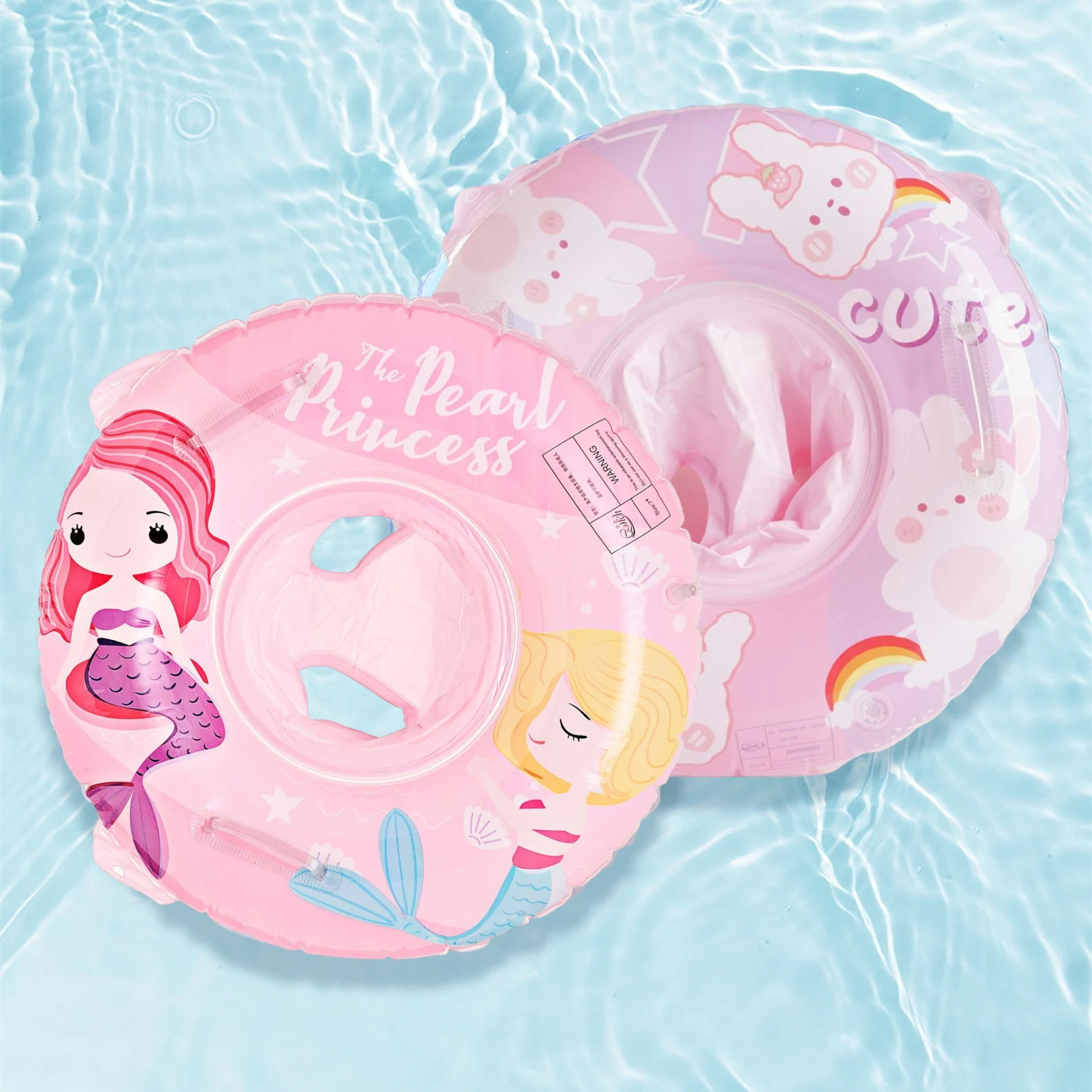 2Pcs Kids Inflatable Pool Floats Mermaid &amp; Rabbit Print Swim Tubes with Handles - £26.29 GBP