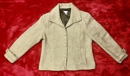 Chico&#39;s Gold Beige Tweed Jacket Sz 2 M Button Front Long Sleeve Acrylic ... - £30.99 GBP