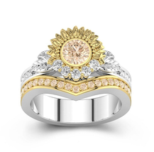 Two-Tone Silver Sunflower Ring with Beautiful Round Champagne Engagement Ring - £111.11 GBP