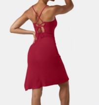 Halara Size Medium Red Bodycon Side Slit Dress, Lace Up Back, Ribbed - £19.73 GBP