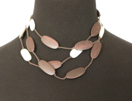 Vintage  Necklace Brown Silver Tone Leather 3 Strands Oblong Beads Boho - £11.59 GBP