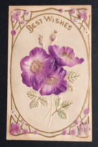 Best Wishes Purple &amp; Gold Airbrushed Embossed Flowers Spring Postcard c1910s - £6.24 GBP