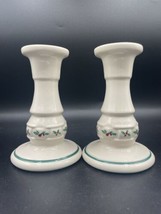 VTG Longaberger Candle Sticks Pottery Holiday Woven Traditions Holly USA Made - £11.59 GBP