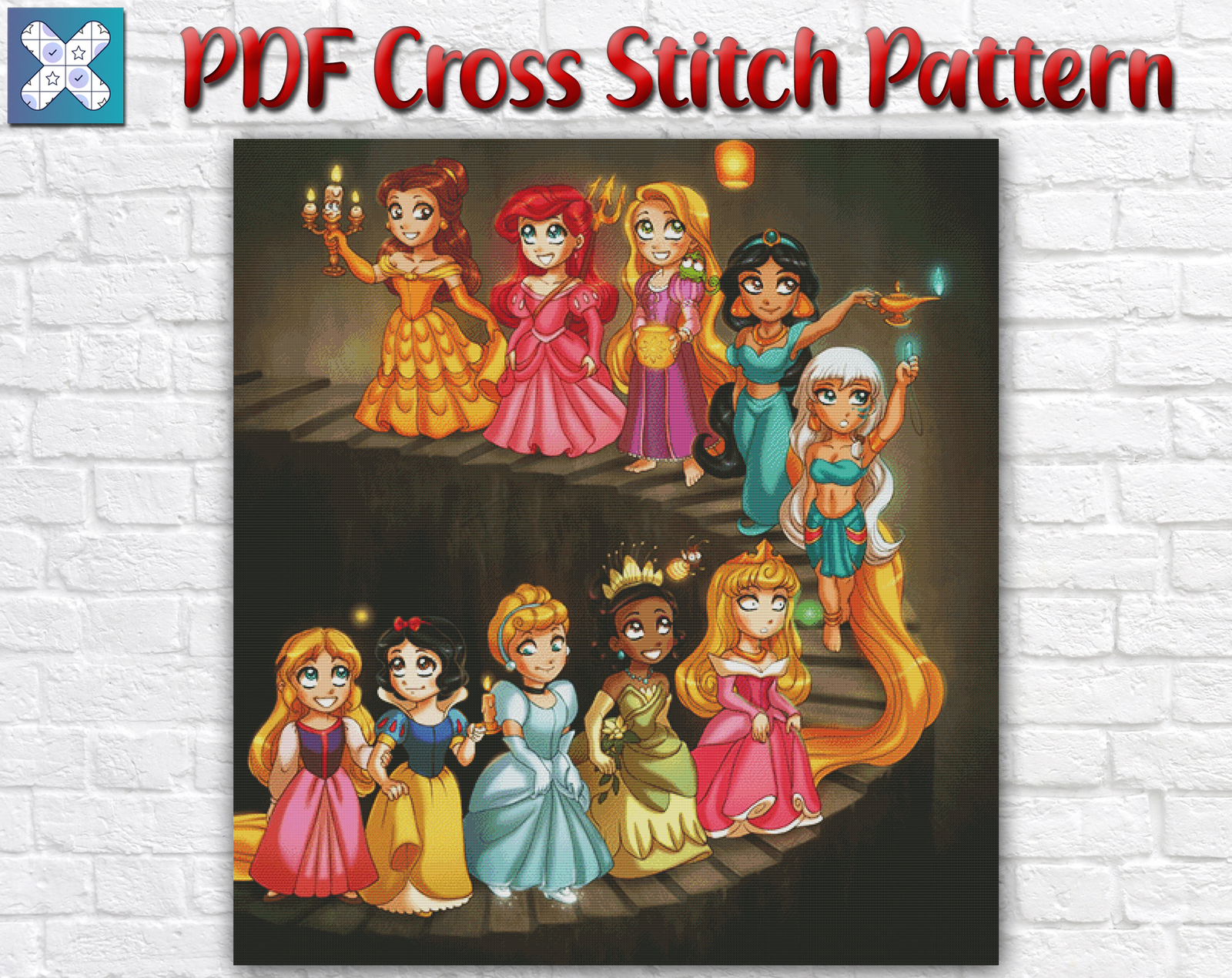 Disney Cute Princesses Ariel Cinderella Rapunzel Counted Cross Stitch Pattern