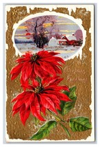 Poinsettia Flowers Landscape Icicles Christmas Greeting Embossed DB Postcard O18 - £3.91 GBP