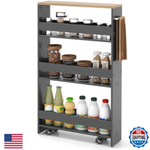 COSTWAY 4-Tier Slim Rolling Storage Cart Wood Kitchen Bathroom Laundry N... - $83.64